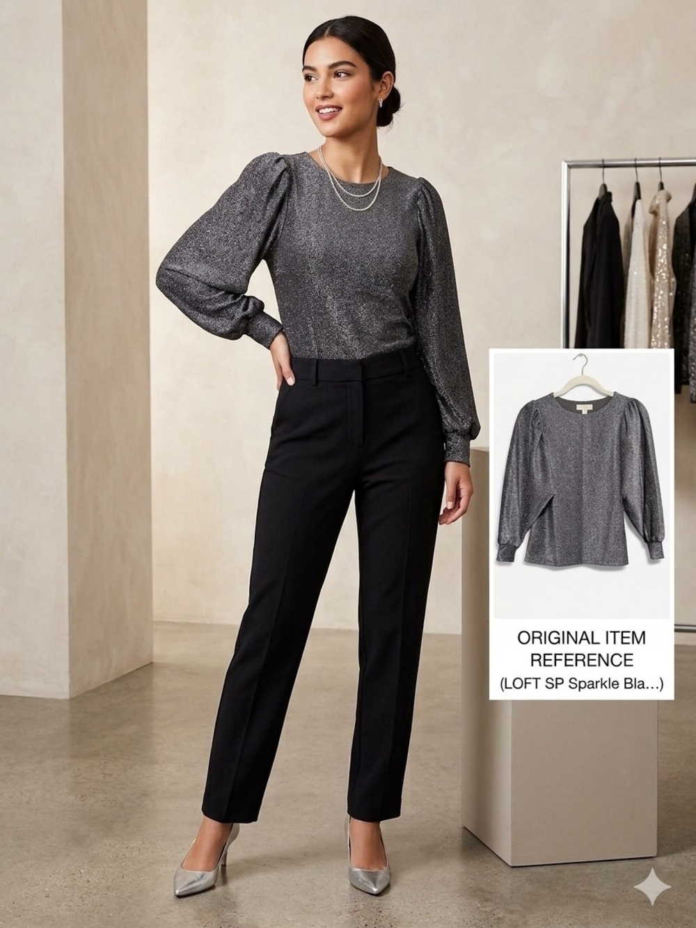 LOFT SP Sparkle Black Puff-Sleeve Metallic Top